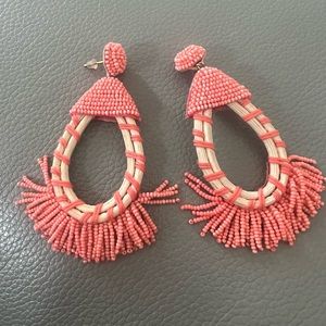 Deepa Gurnani Designer beaded earrings. Teardrop Shape With Fringe. Coral